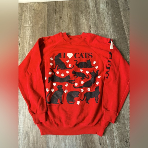 Hanes Tops - VTG I Love Cats Cat Lover Sweatshirt Crewneck Pullover Red Black Size S M